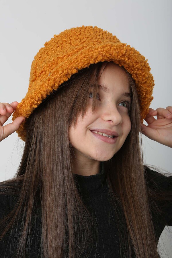 Çocuk Kıvırcık Peluş Bucket Şapka RKŞ-Ç-10 Hardal - Thumbnail