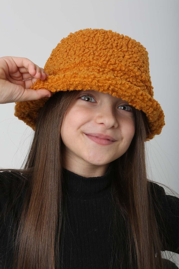 Çocuk Kıvırcık Peluş Bucket Şapka RKŞ-Ç-10 Hardal - Thumbnail