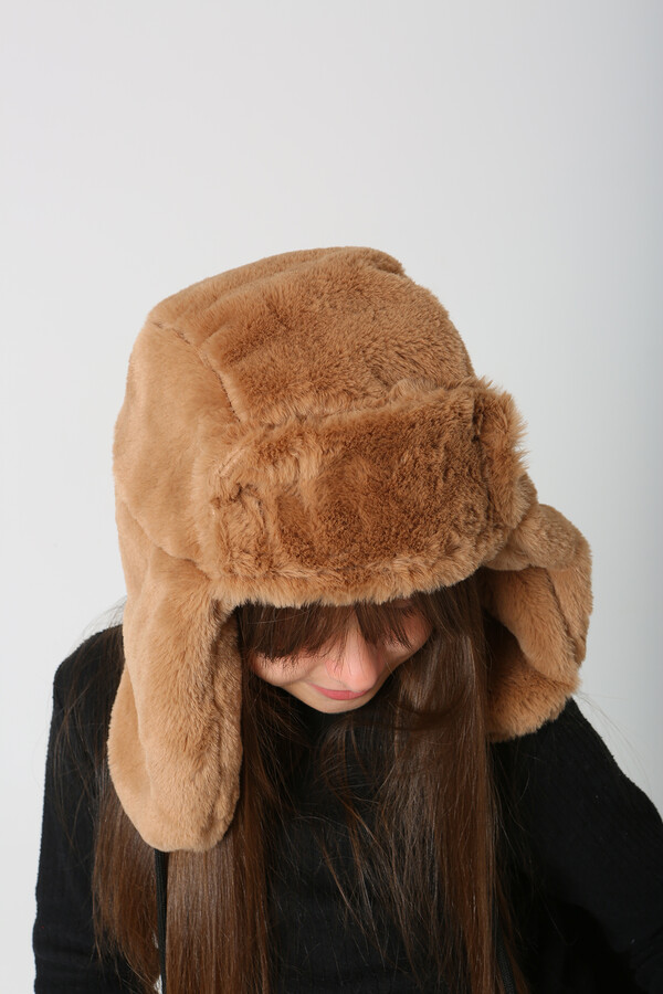 Çocuk Kürklü Kulaklıklı Peluş Şapka RKŞ-Ç-04 Camel - Thumbnail