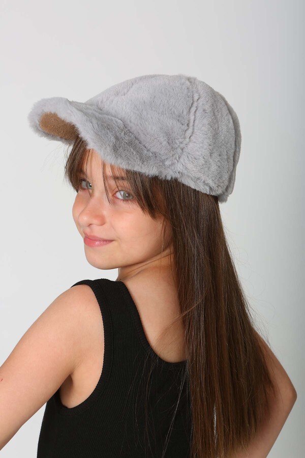 Çocuk Peluş Kep Şapka RKŞ-Ç-06 Gri - Thumbnail