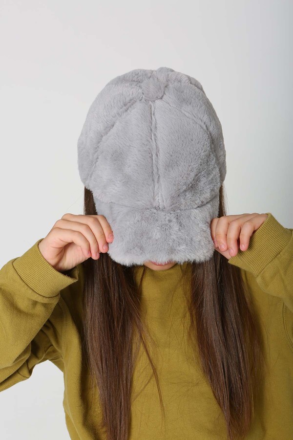 Çocuk Peluş Kep Şapka RKŞ-Ç-06 Gri - Thumbnail