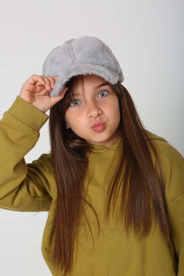 Çocuk Peluş Kep Şapka RKŞ-Ç-06 Gri - Thumbnail