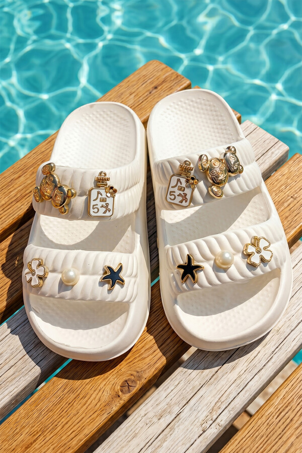 Çocuk Taş Detaylı Terlik 333-433 Beyaz - Thumbnail