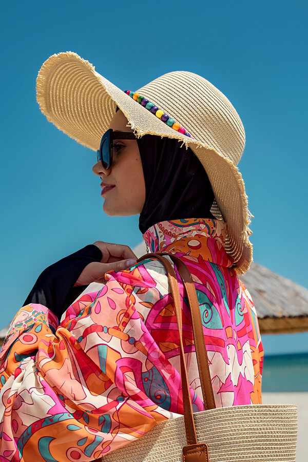 Colorful Bead Detailed Straw Beach Hat - Thumbnail