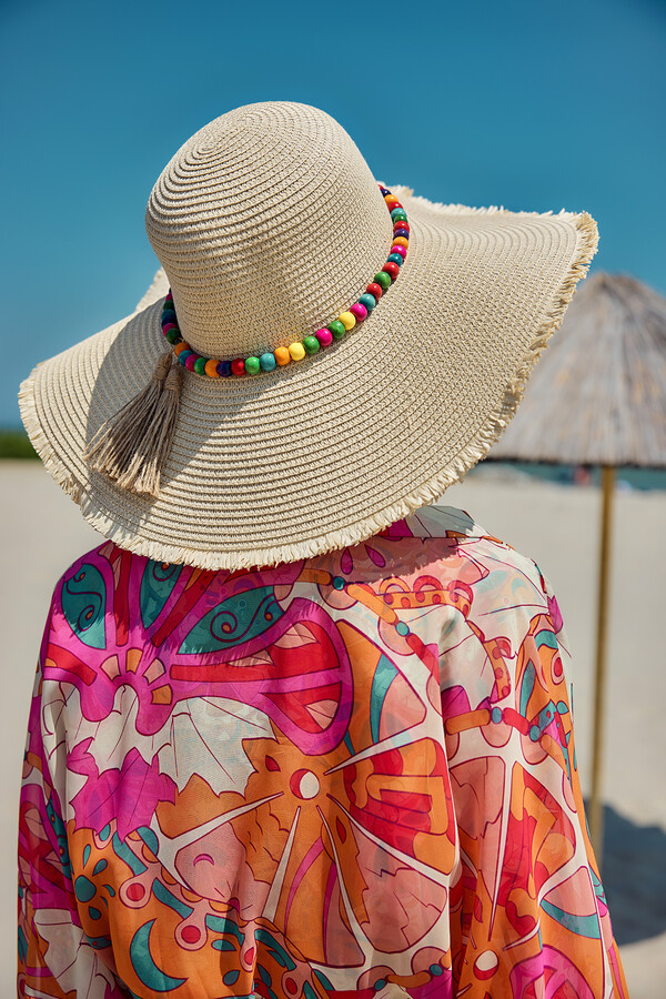 Colorful Bead Detailed Straw Beach Hat - Thumbnail