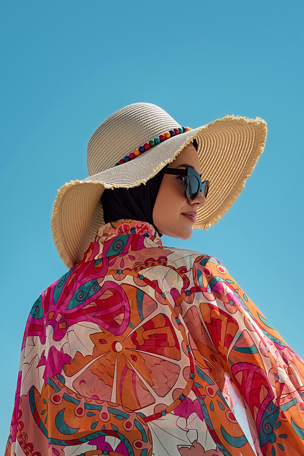 Colorful Bead Detailed Straw Beach Hat - Thumbnail