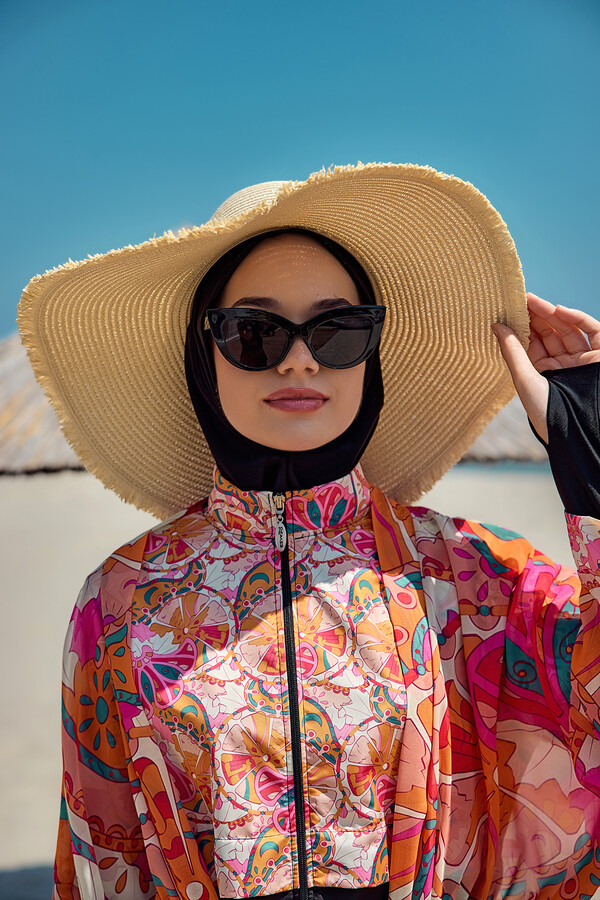 Colorful Bead Detailed Straw Beach Hat - Thumbnail