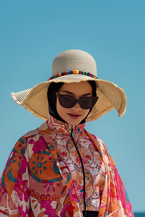 Colorful Bead Detailed Straw Beach Hat - Thumbnail