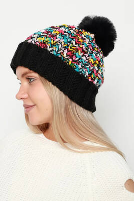 Remsa - Colorful Pom-Pom Women's Beanie RKŞ-21 - Black