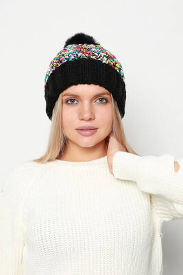 Remsa - Colorful Pom-Pom Women's Beanie RKŞ-21 - Black (1)