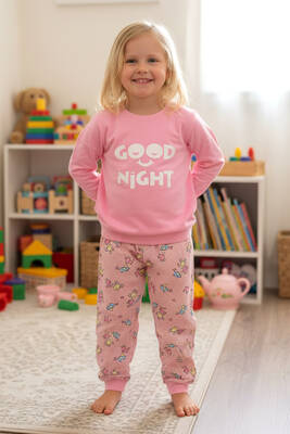 Aydogan - Cotton Patterned Pajama Set for Girls in Powder Pink