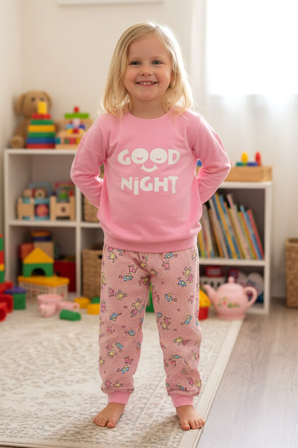 Cotton Patterned Pajama Set for Girls in Powder Pink - Thumbnail