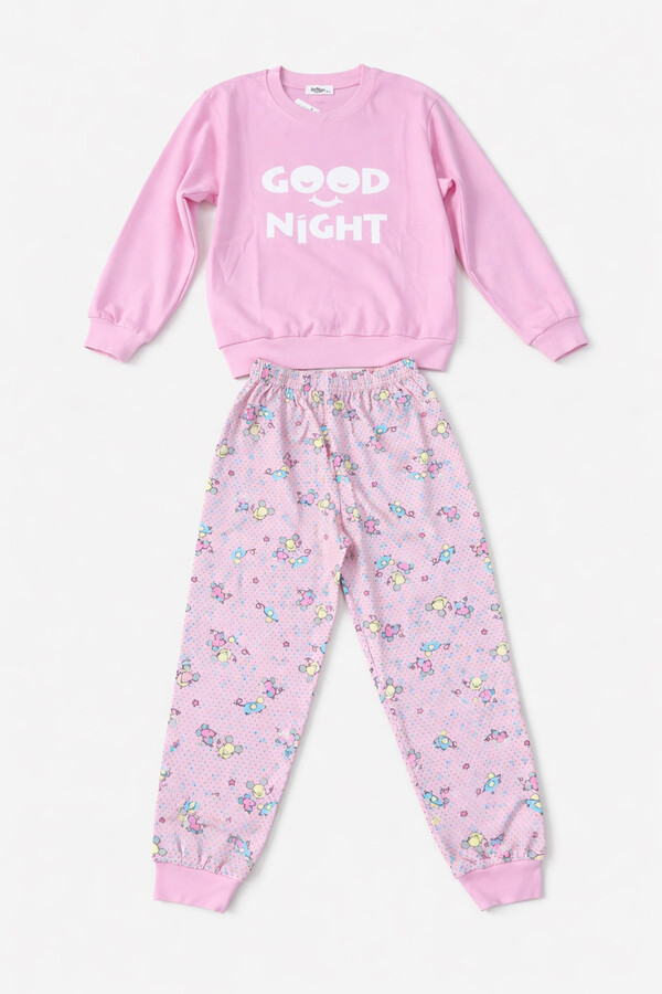 Cotton Patterned Pajama Set for Girls in Powder Pink - Thumbnail