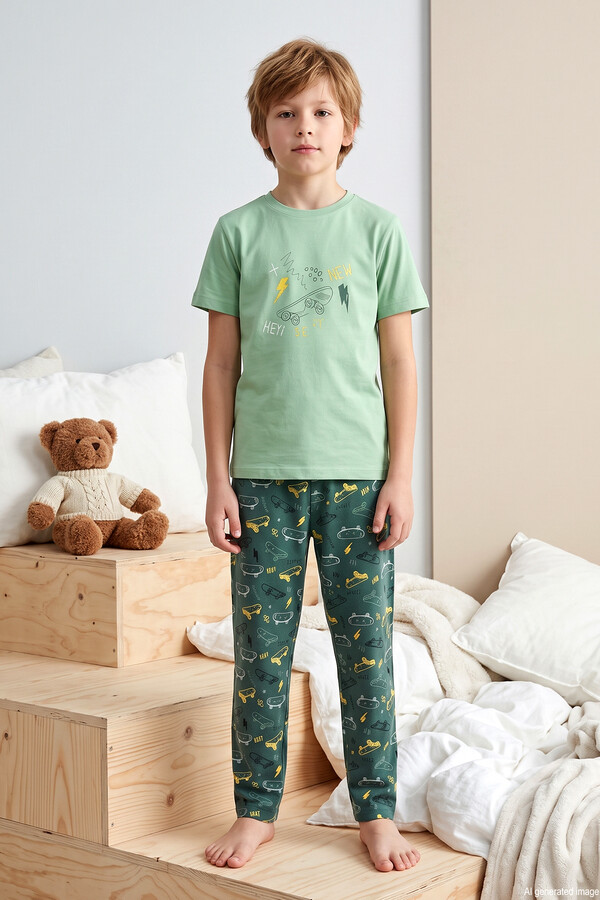 Aydogan - Desenli Erkek Çocuk Önü Düğmeli Süprem Pamuklu Pijama Takımı 260377 Yeşil