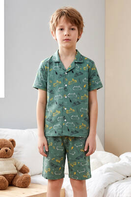 Aydogan - Desenli Erkek Çocuk Süprem Pamuklu Pijama Takımı 260357 Yeşil