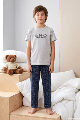 Aydoğan - Desenli Erkek Çocuk Süprem Pamuklu Pijama Takımı 260378 Gri (1)