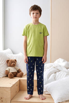 Aydoğan - Desenli Erkek Çocuk Süprem Pamuklu Pijama Takımı 260382 Fıstık Yeşil