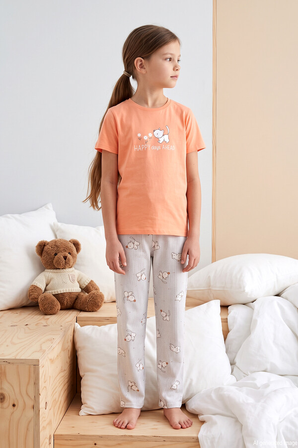 Aydoğan - Desenli Genç Kız Çocuk Süprem Pamuklu Pijama Takımı 260266 Turuncu