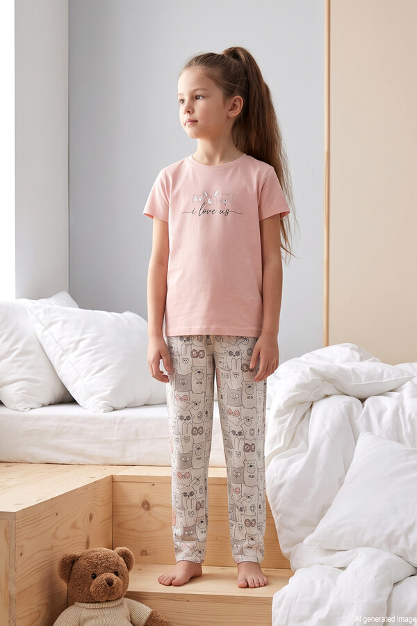 Aydoğan - Desenli Kız Çocuk Süprem Pamuklu Pijama Takımı 260285 (1)