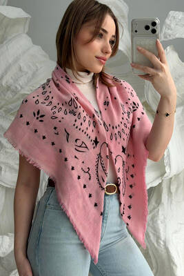 Remsa - Desenli Kutjen Kare Omuz Şalı 1401 Pembe (1)