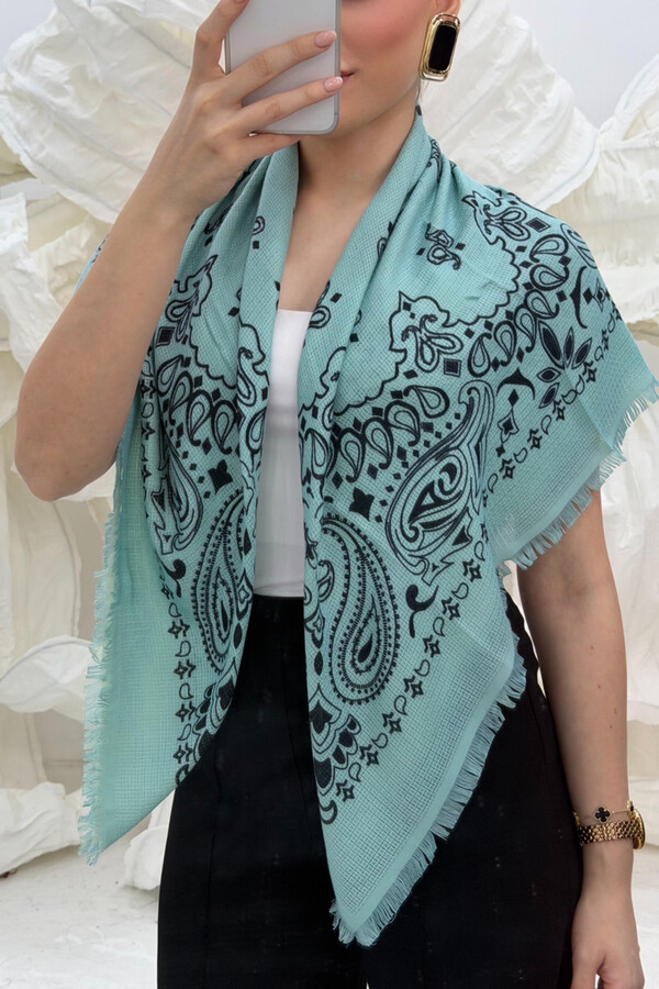 Desenli Kutjen Kare Omuz Şalı 1401 Turkuaz - Thumbnail