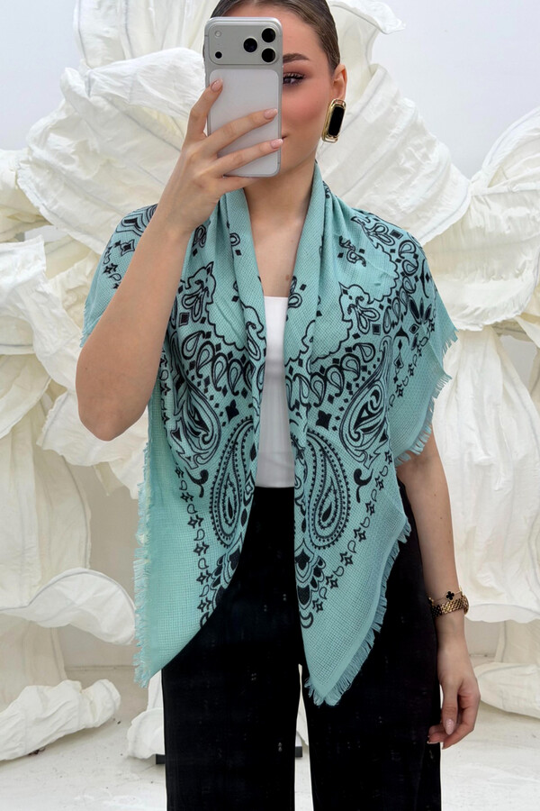 Desenli Kutjen Kare Omuz Şalı 1401 Turkuaz - Thumbnail