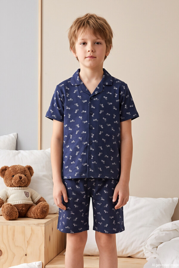 Aydoğan - Desenli Önü Düğmeli Şortlu Erkek Çocuk Süprem Pamuklu Pijama Takımı 260354 Lacivert