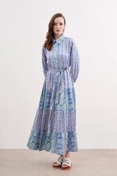 Lale Butik - Desenli Saten Elbise 8148 Mavi