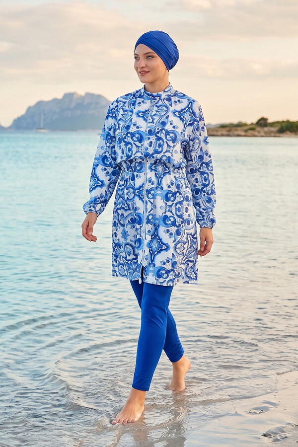 Desenli Tam Kapalı Tesettür Mayo 02 Mavi - Thumbnail