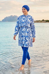 Haliç Mayo - Desenli Tam Kapalı Tesettür Mayo 02 Mavi