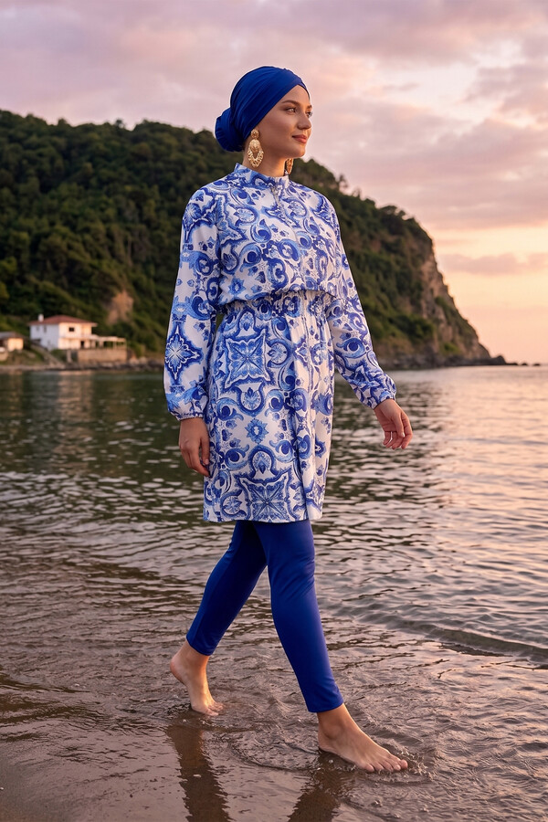 Desenli Tam Kapalı Tesettür Mayo 02 Mavi - Thumbnail