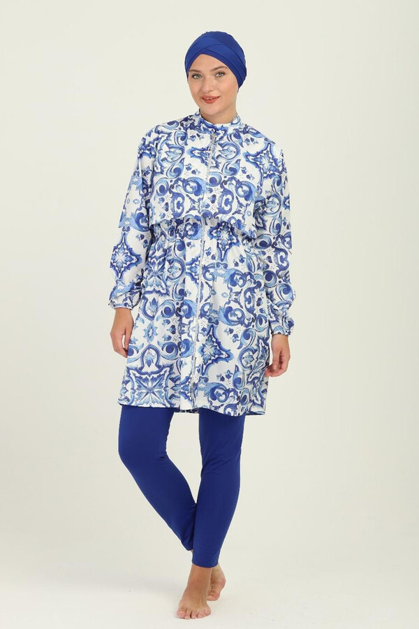 Desenli Tam Kapalı Tesettür Mayo 02 Mavi - Thumbnail