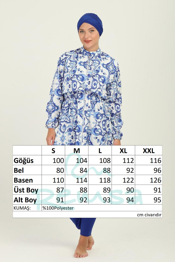 Desenli Tam Kapalı Tesettür Mayo 02 Mavi - Thumbnail