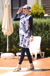 Remsa Mayo - Design Fully Covered Hijab Swimsuit Remsa Swimsuit Blue Leaves Navy Blue (1)