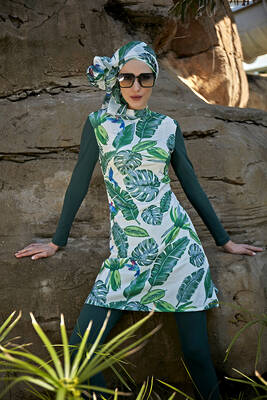 Remsa - Design Fully Covered Hijab Swimsuit Remsa Swimsuit Green Leaves Remsa - Design Fully Covered Hijab Swimsuit Remsa Swimsuit Green Leaves