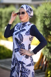 Remsa Mayo - Remsa Swimwear Design Fully Covered Hijab Swimsuit Blue Leaves on Navy Blue