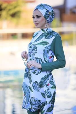 Remsa - Design Fully Covered Hijab Swimsuit Remsa Swimsuit Green Leaves Remsa - Design Fully Covered Hijab Swimsuit Remsa Swimsuit Green Leaves