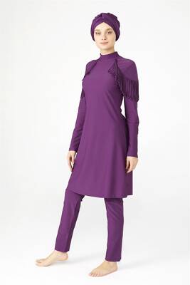 Adasea - Remsa Swimwear Design Lycra Full Covered Hijab Tassel Detailed Swimsuit 4105 PURPLE Adasea - Remsa Swimwear Design Lycra Full Covered Hijab Tassel Detailed Swimsuit 4105 PURPLE