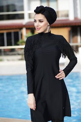 Remsa - Remsa Swimwear Design Lycra Full Covered Hijab Swimsuit Tassel 4105 Black Remsa - Remsa Swimwear Design Lycra Full Covered Hijab Swimsuit Tassel 4105 Black