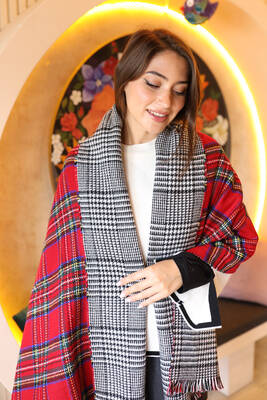 Remsa - Double-Sided Houndstooth Patterned Scarf Shoulder Shawl 70X185 cm 1214 Red