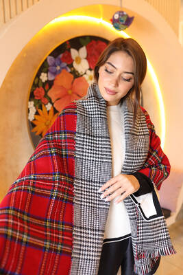 Remsa - Double-Sided Houndstooth Patterned Scarf Shoulder Shawl 70X185 cm 1214 Red (1)