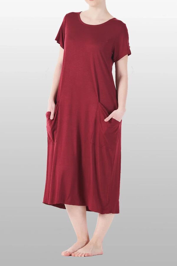 Dusty Rose Short Sleeve Viscose Dress Pajama with Pocket Detail - Thumbnail