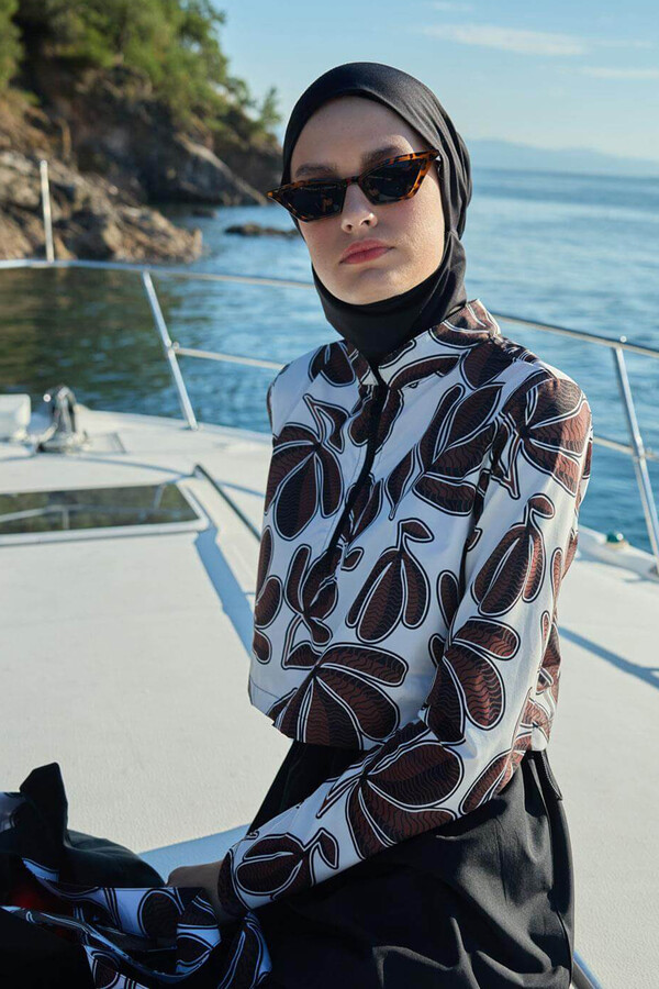 Dynamic Coffee Full-Cover Modest Swimwear Set - Thumbnail