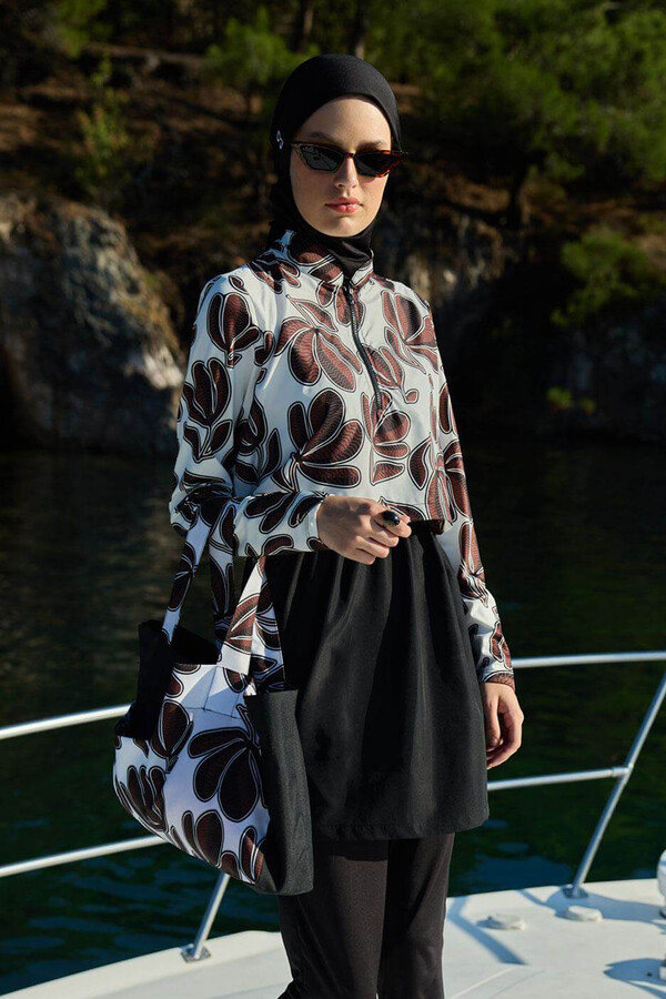Dynamic Coffee Full-Cover Modest Swimwear Set - Thumbnail