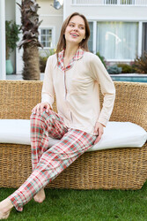 Remsa - Women's Ecru Patterned Button-Up Soft Milan Knit Pajama Set