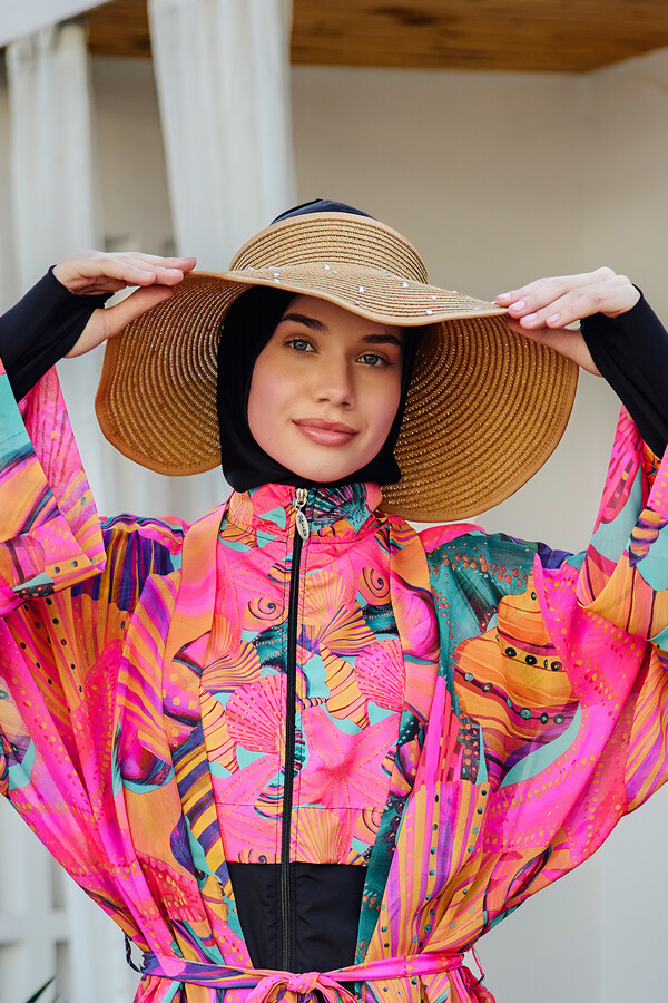 Embellished Bow Foldable Visor Straw Hat - Thumbnail