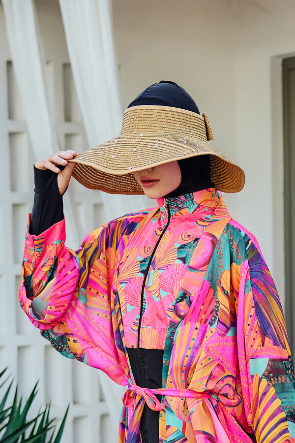 Embellished Bow Foldable Visor Straw Hat - Thumbnail