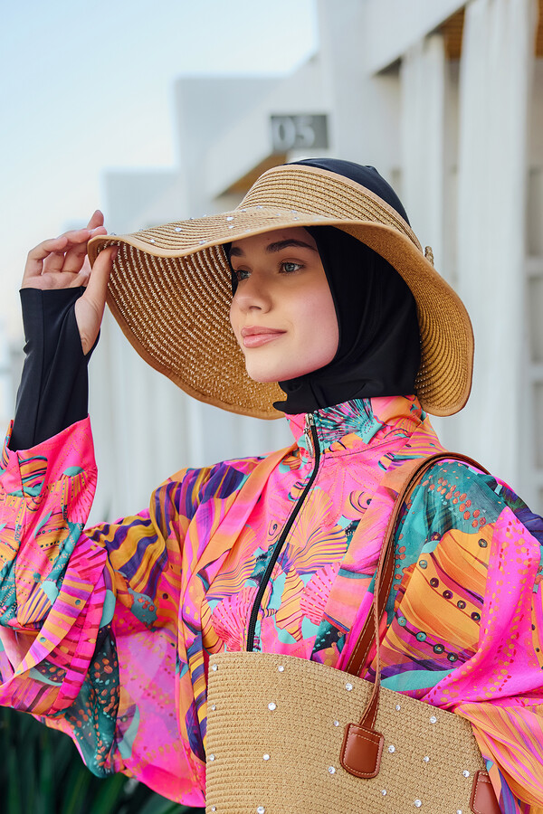 Embellished Bow Foldable Visor Straw Hat - Thumbnail
