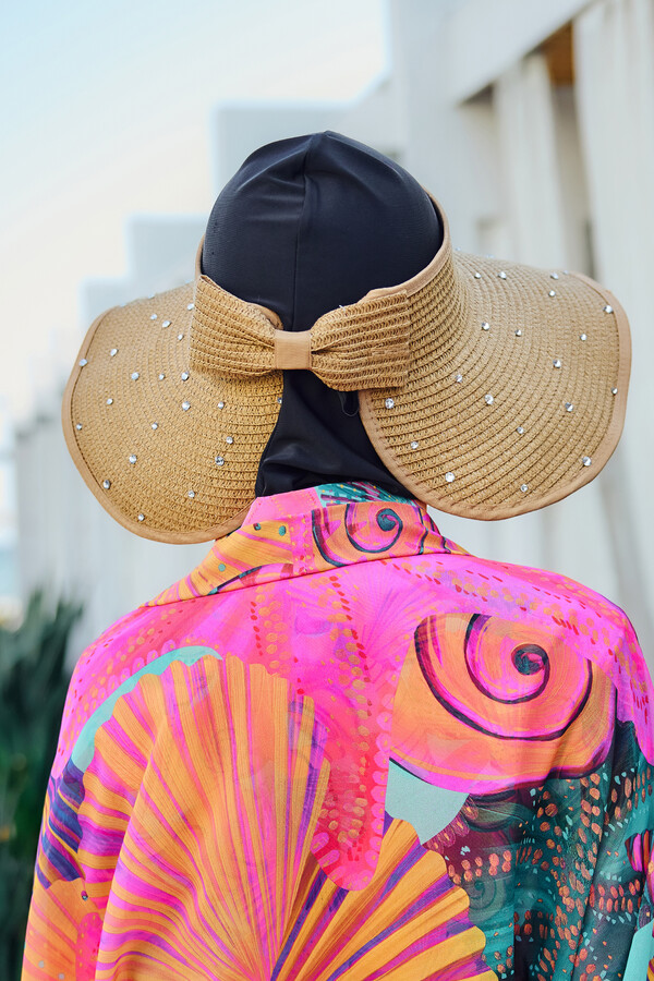 Embellished Bow Foldable Visor Straw Hat - Thumbnail
