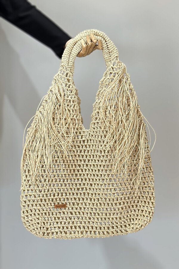 Embroidered Woven Beach Bag Beige - Thumbnail